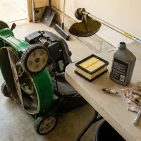 lawn tool maintenance in a garage