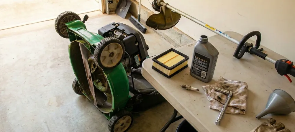 lawn tool maintenance in a garage
