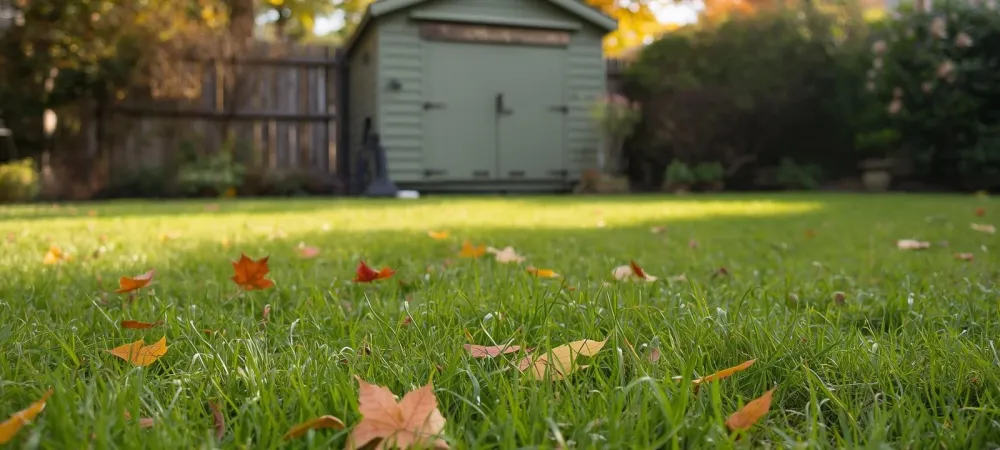 fall lawn with leaves green grass and shed in background
